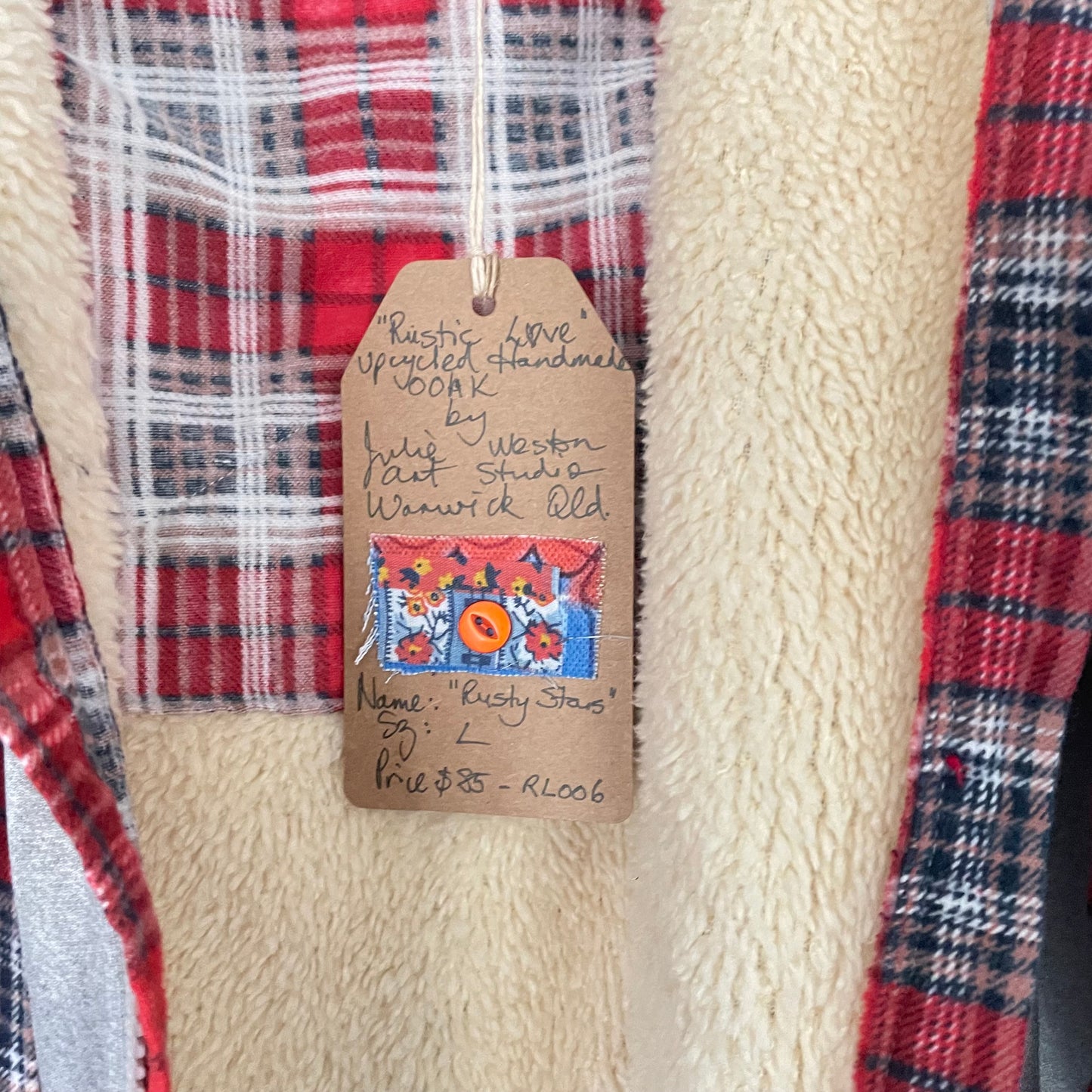 Upcycled Fleece Lined Grey Hoodie with Vintage Red Flannel Stars Patches Jacket Upcycle Sz L