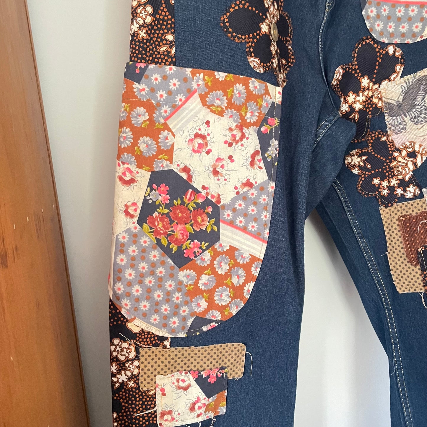 Upcycled Altered Rustic Love Vintage Retro Patch Buttons Hand Stitching Shabby Chic Frayed Distressed Stretch Denim Jeans Upcycle. Sz 14/16