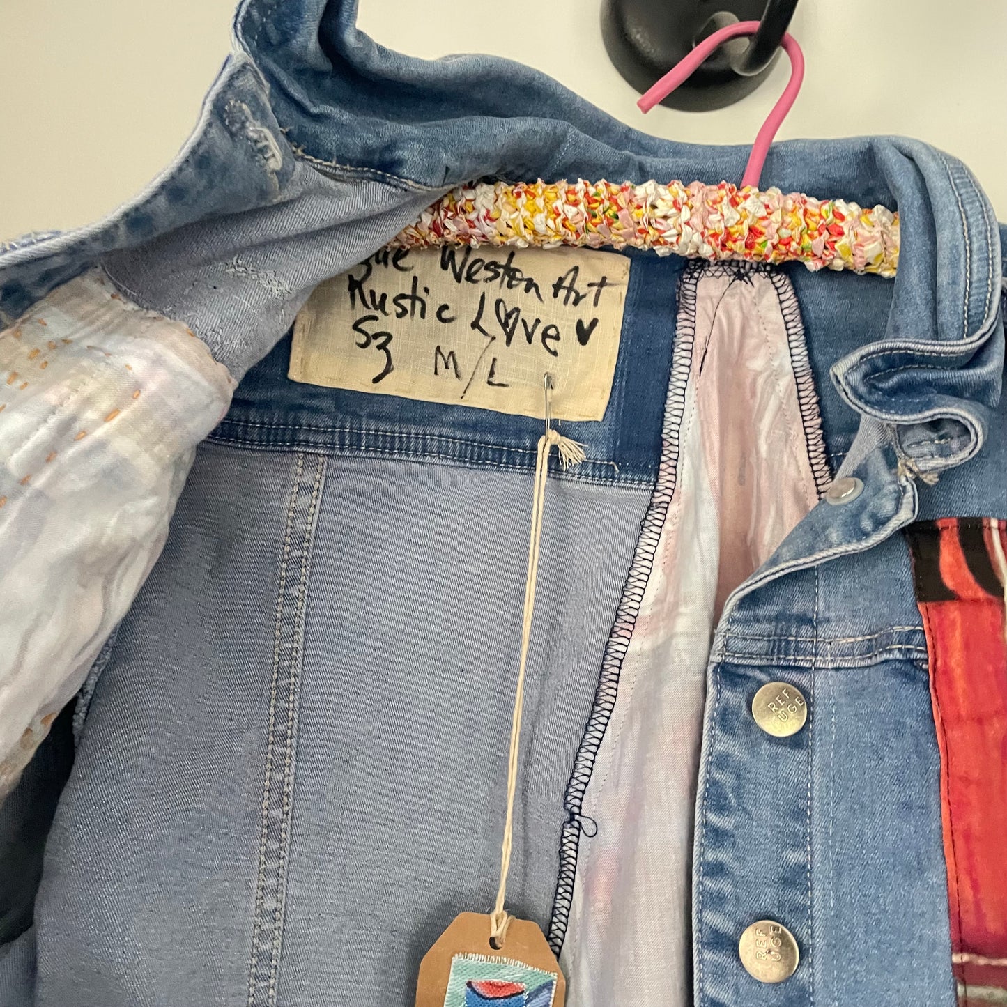 Upcycled Street Wear Style Denim Distressed Jacket with Hand Stitched Rustic Love Shabby Chic Frayed Upcycle.Sz L