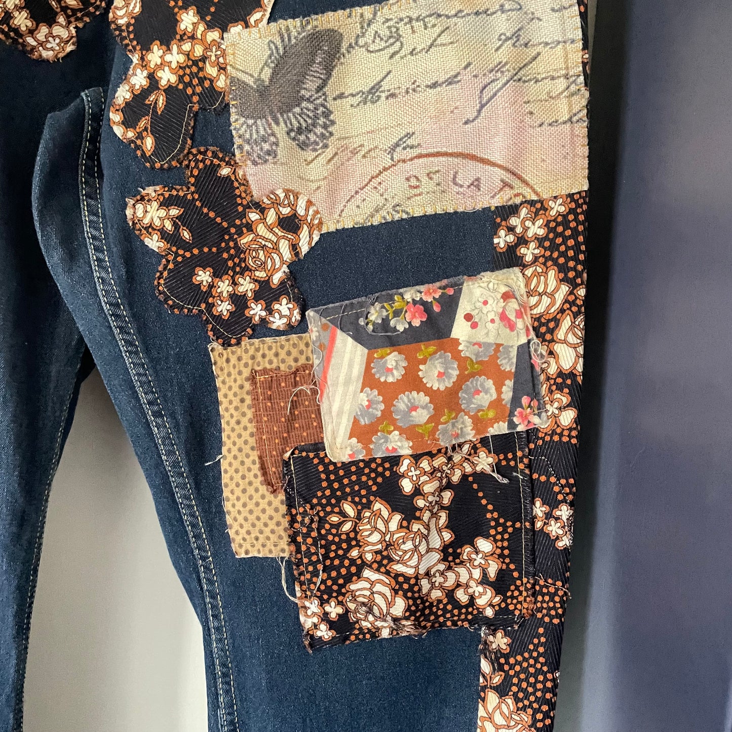 Upcycled Altered Rustic Love Vintage Retro Patch Buttons Hand Stitching Shabby Chic Frayed Distressed Stretch Denim Jeans Upcycle. Sz 14/16