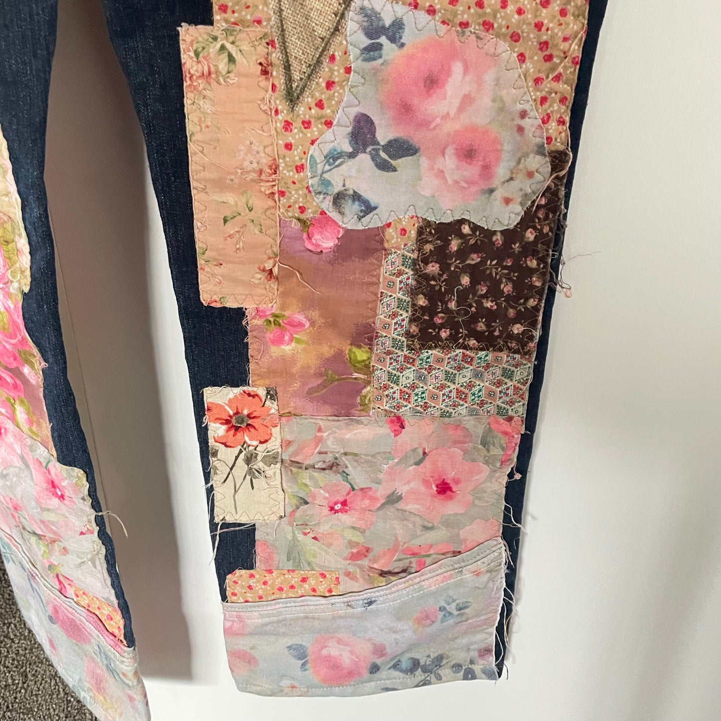 Upcycled Dark Denim Floral Patchwork Rustic Love Shabby Chic Frayed Adjustable Jeans Upcycle