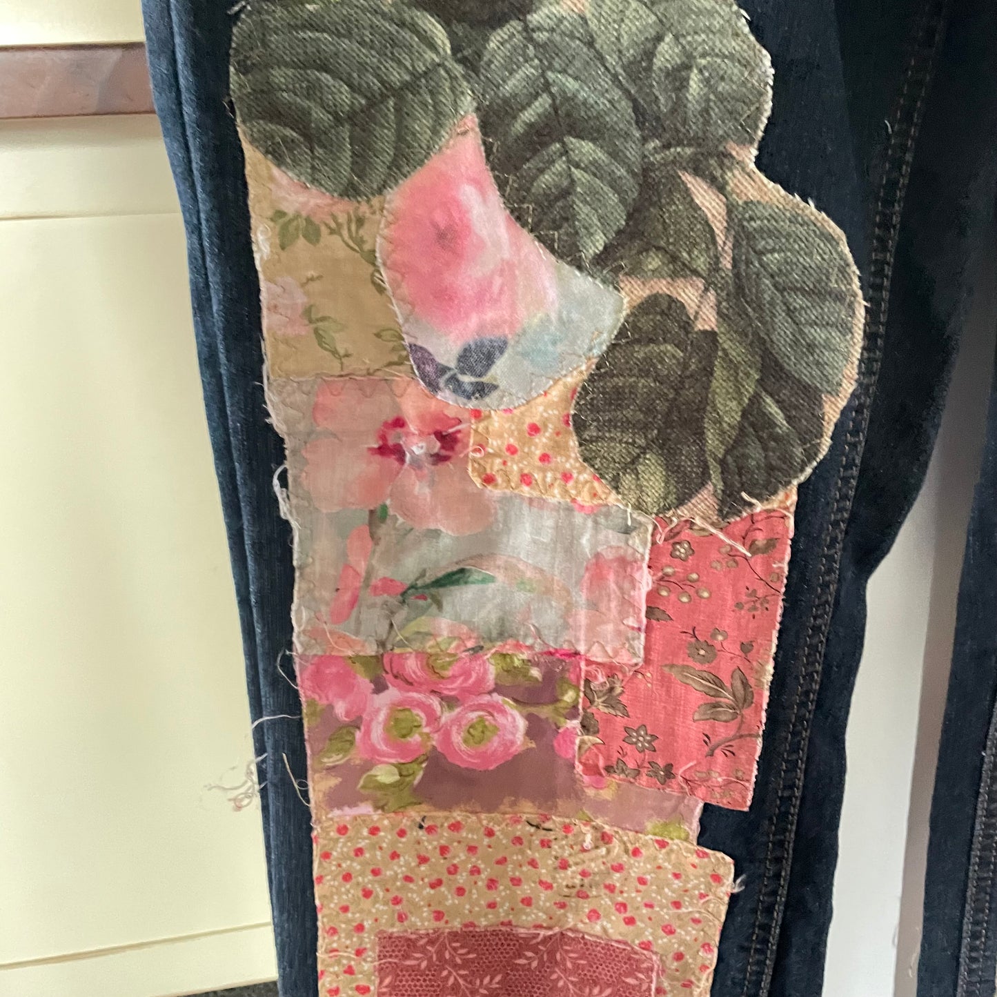 Upcycled Dark Denim Floral Patchwork Rustic Love Shabby Chic Frayed Adjustable Jeans Upcycle