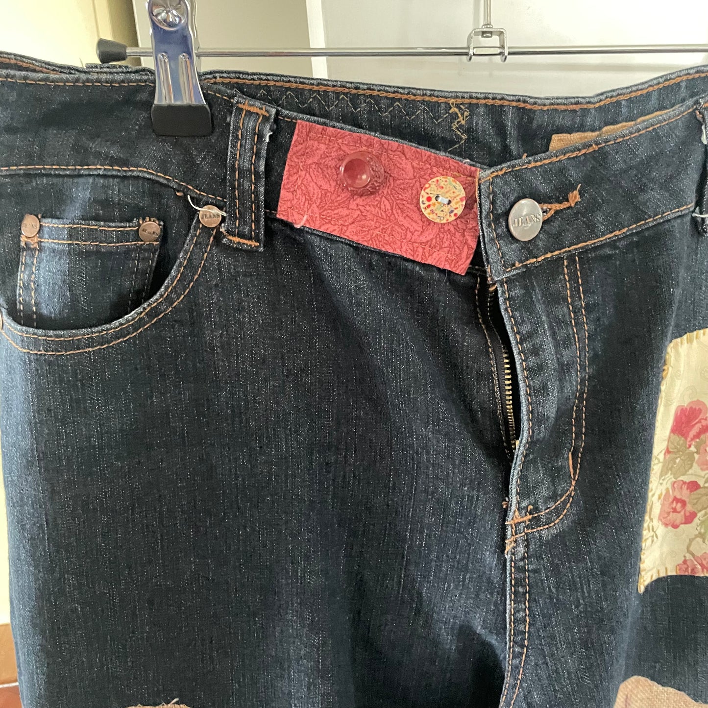 Upcycled Dark Denim Floral Patchwork Rustic Love Shabby Chic Frayed Adjustable Jeans Upcycle