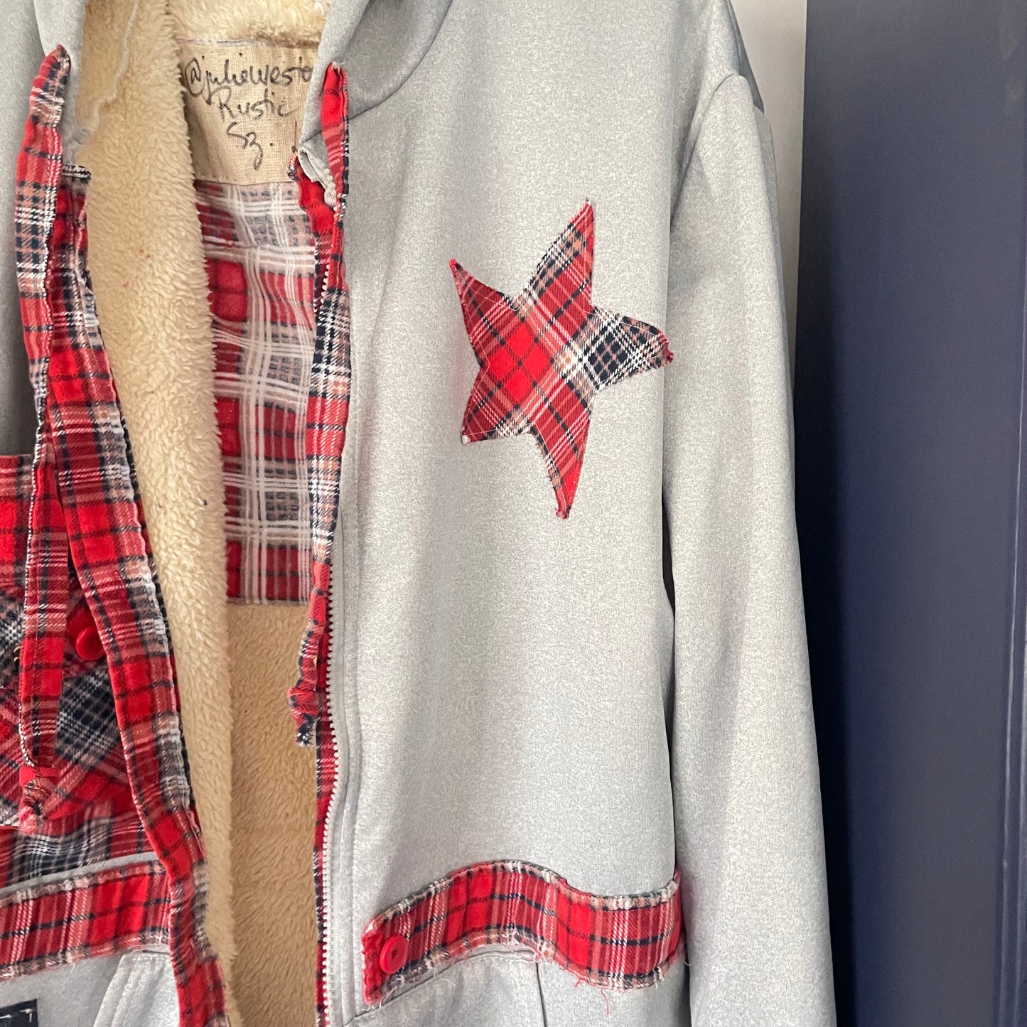 Upcycled Fleece Lined Grey Hoodie with Vintage Red Flannel Stars Patches Jacket Upcycle Sz L
