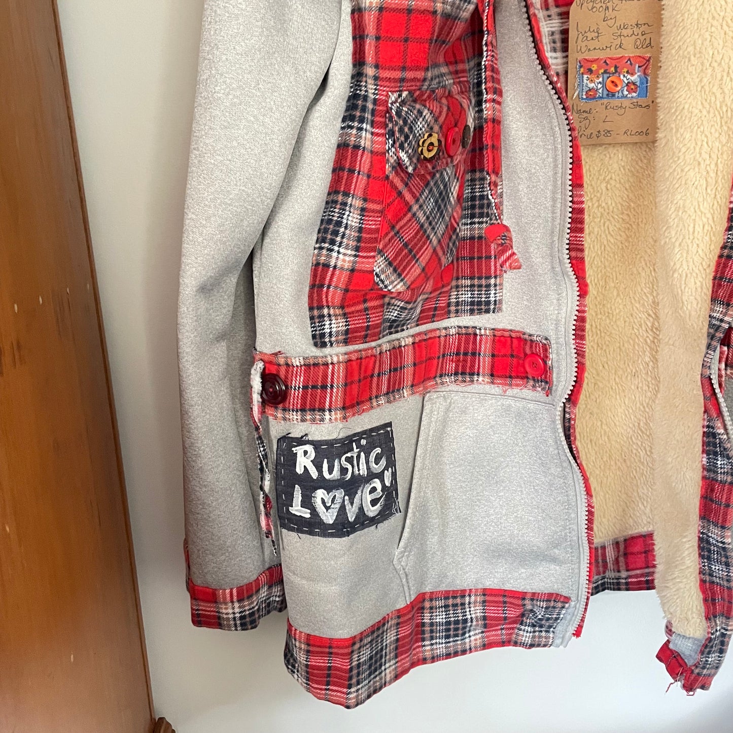 Upcycled Fleece Lined Grey Hoodie with Vintage Red Flannel Stars Patches Jacket Upcycle Sz L