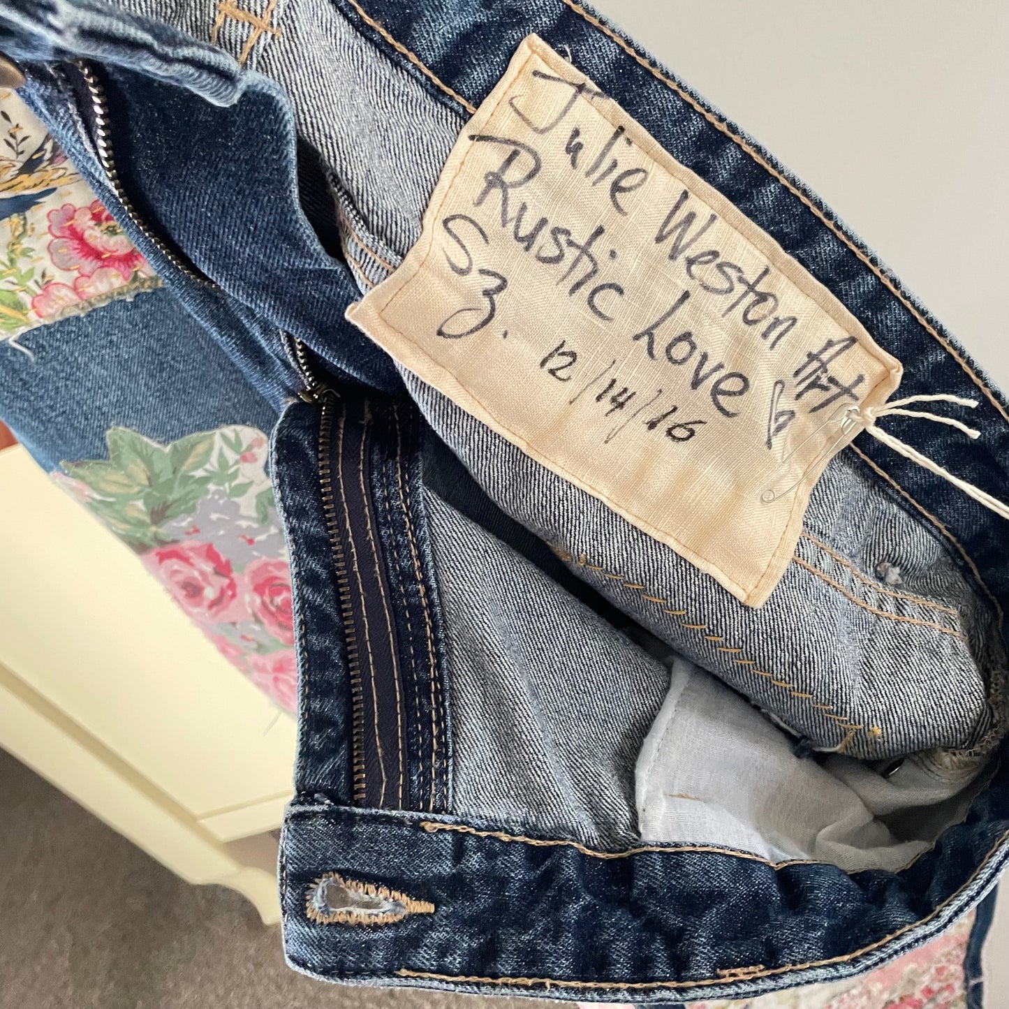 Upcycled Shabby Chic Rustic Love Frayed Patched Denim Jeans Upcycle Australian size approximately 12/14/16
