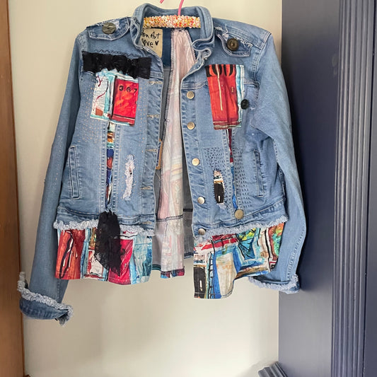 Upcycled Street Wear Style Denim Distressed Jacket with Hand Stitched Rustic Love Shabby Chic Frayed Upcycle.Sz L