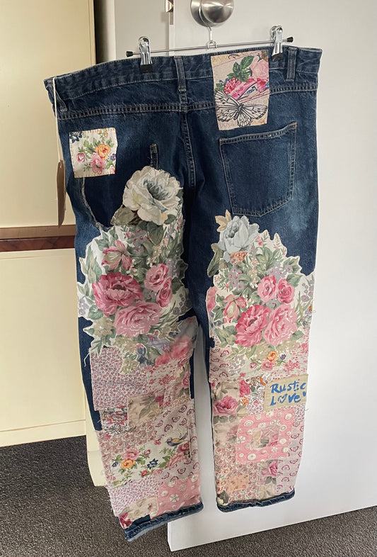 Upcycled Shabby Chic Rustic Love Frayed Patched Denim Jeans Upcycle Australian size approximately 12/14/16