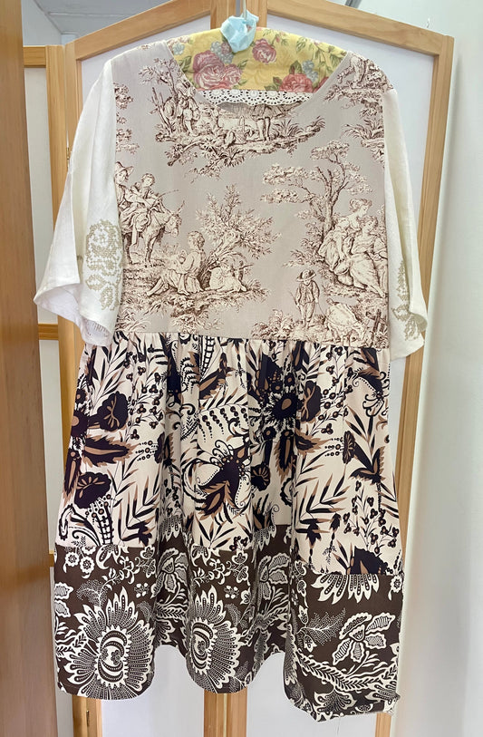 Upcycled Beige, Brown and Cream Linen/Cotton Smock Dress Sz 14