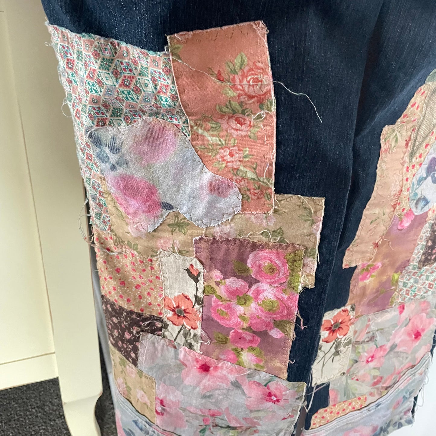Upcycled Dark Denim Floral Patchwork Rustic Love Shabby Chic Frayed Adjustable Jeans Upcycle