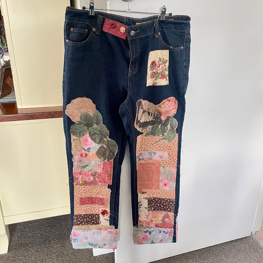 Upcycled Dark Denim Floral Patchwork Rustic Love Shabby Chic Frayed Adjustable Jeans Upcycle