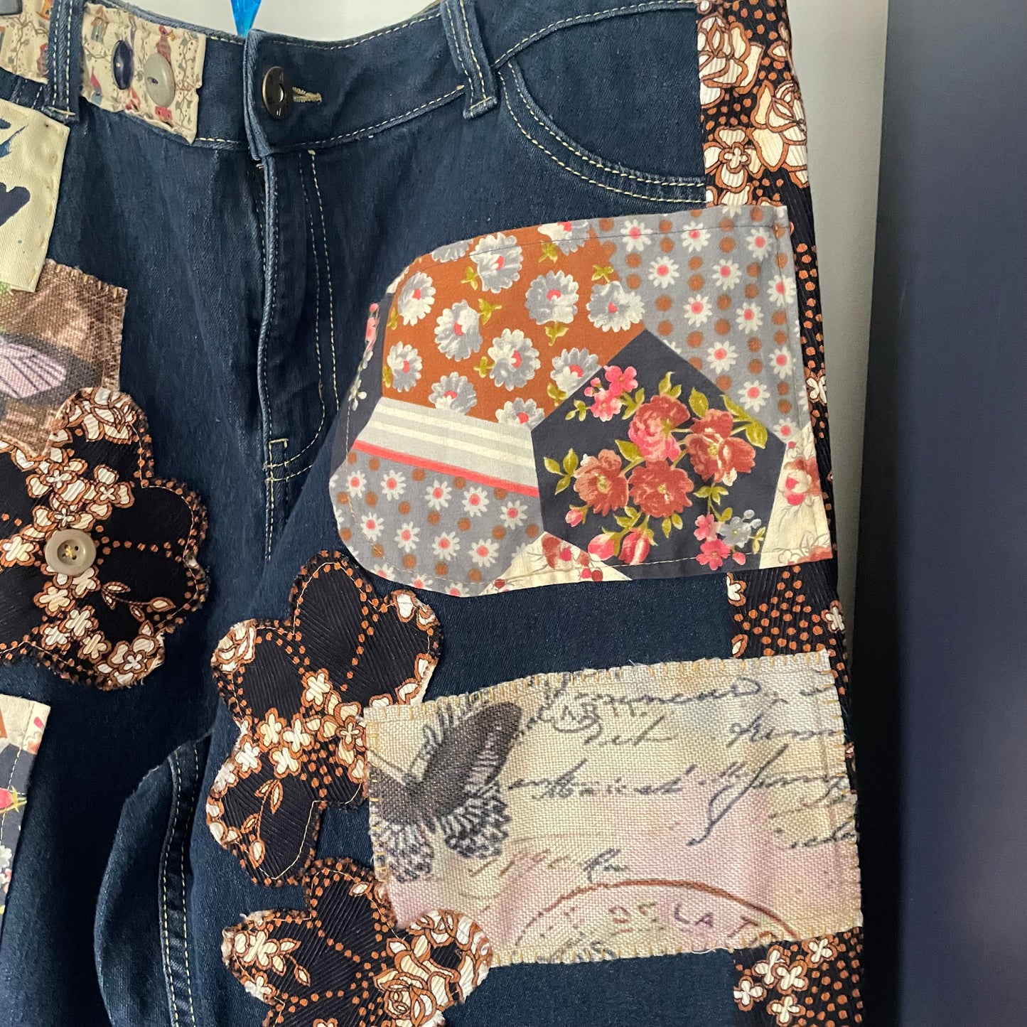 Upcycled Altered Rustic Love Vintage Retro Patch Buttons Hand Stitching Shabby Chic Frayed Distressed Stretch Denim Jeans Upcycle. Sz 14/16