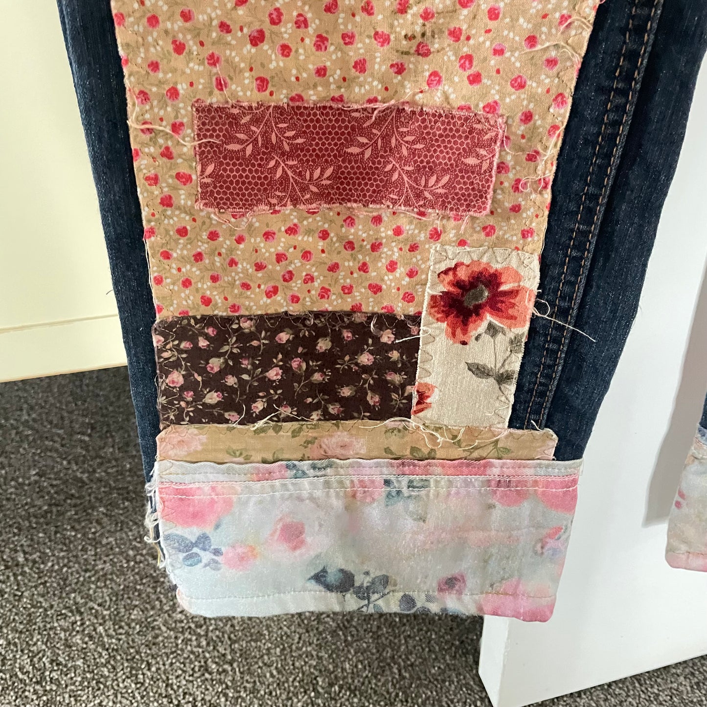 Upcycled Dark Denim Floral Patchwork Rustic Love Shabby Chic Frayed Adjustable Jeans Upcycle