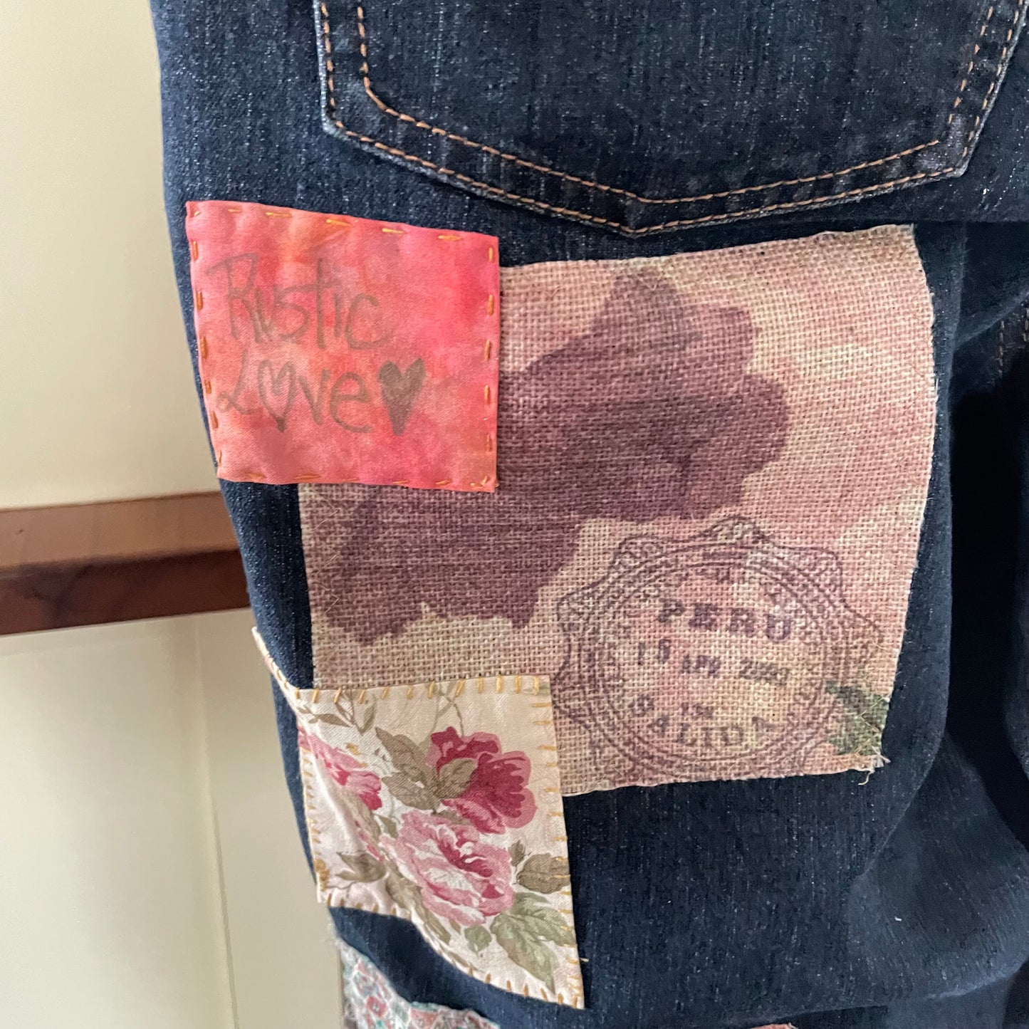 Upcycled Dark Denim Floral Patchwork Rustic Love Shabby Chic Frayed Adjustable Jeans Upcycle