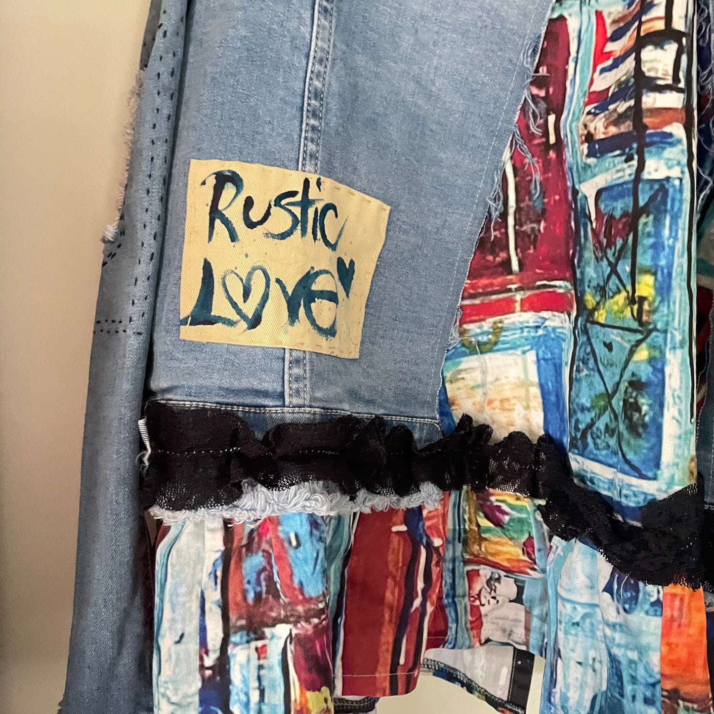 Upcycled Street Wear Style Denim Distressed Jacket with Hand Stitched Rustic Love Shabby Chic Frayed Upcycle.Sz L