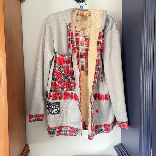Upcycled Fleece Lined Grey Hoodie with Vintage Red Flannel Stars Patches Jacket Upcycle Sz L