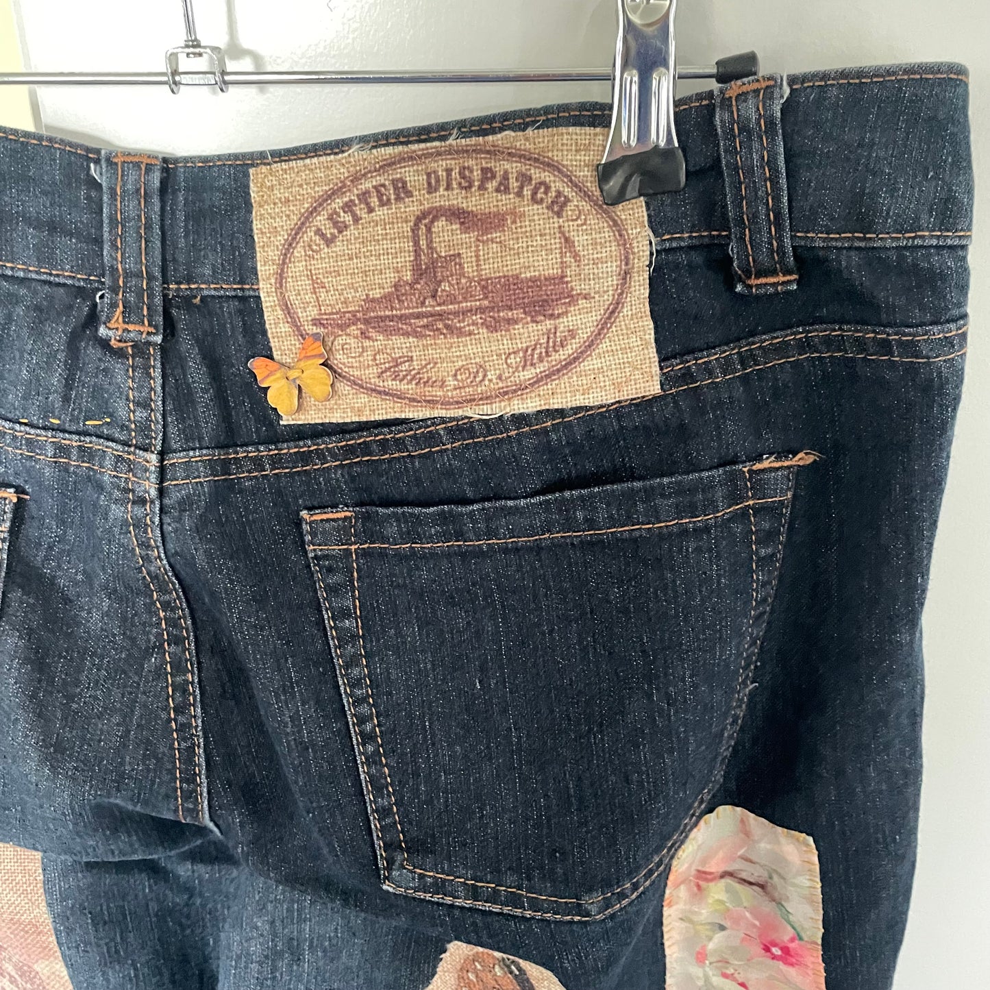 Upcycled Dark Denim Floral Patchwork Rustic Love Shabby Chic Frayed Adjustable Jeans Upcycle