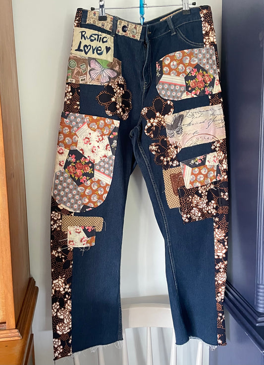 Upcycled Altered Rustic Love Vintage Retro Patch Buttons Hand Stitching Shabby Chic Frayed Distressed Stretch Denim Jeans Upcycle.           Sz 14/16