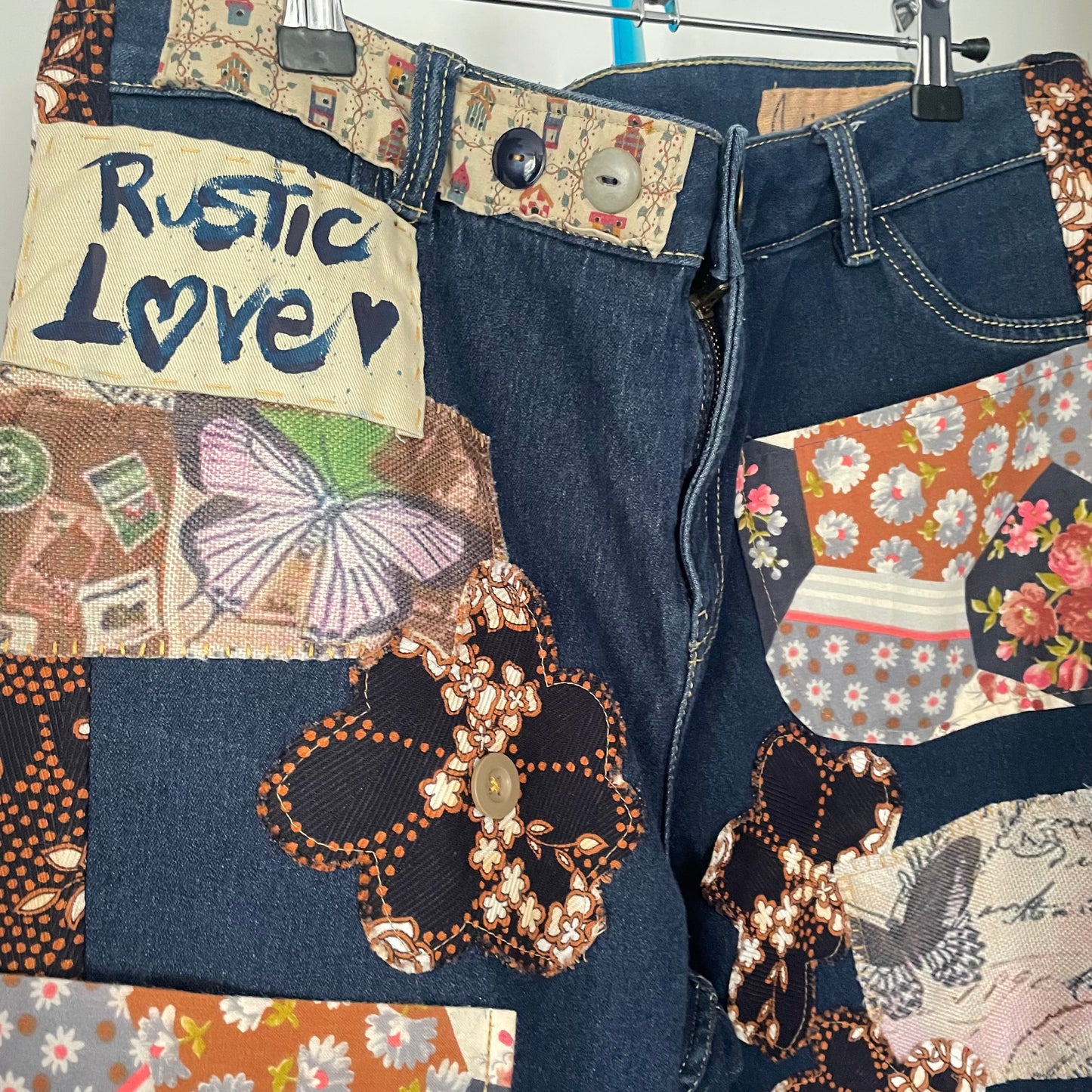 Upcycled Altered Rustic Love Vintage Retro Patch Buttons Hand Stitching Shabby Chic Frayed Distressed Stretch Denim Jeans Upcycle. Sz 14/16