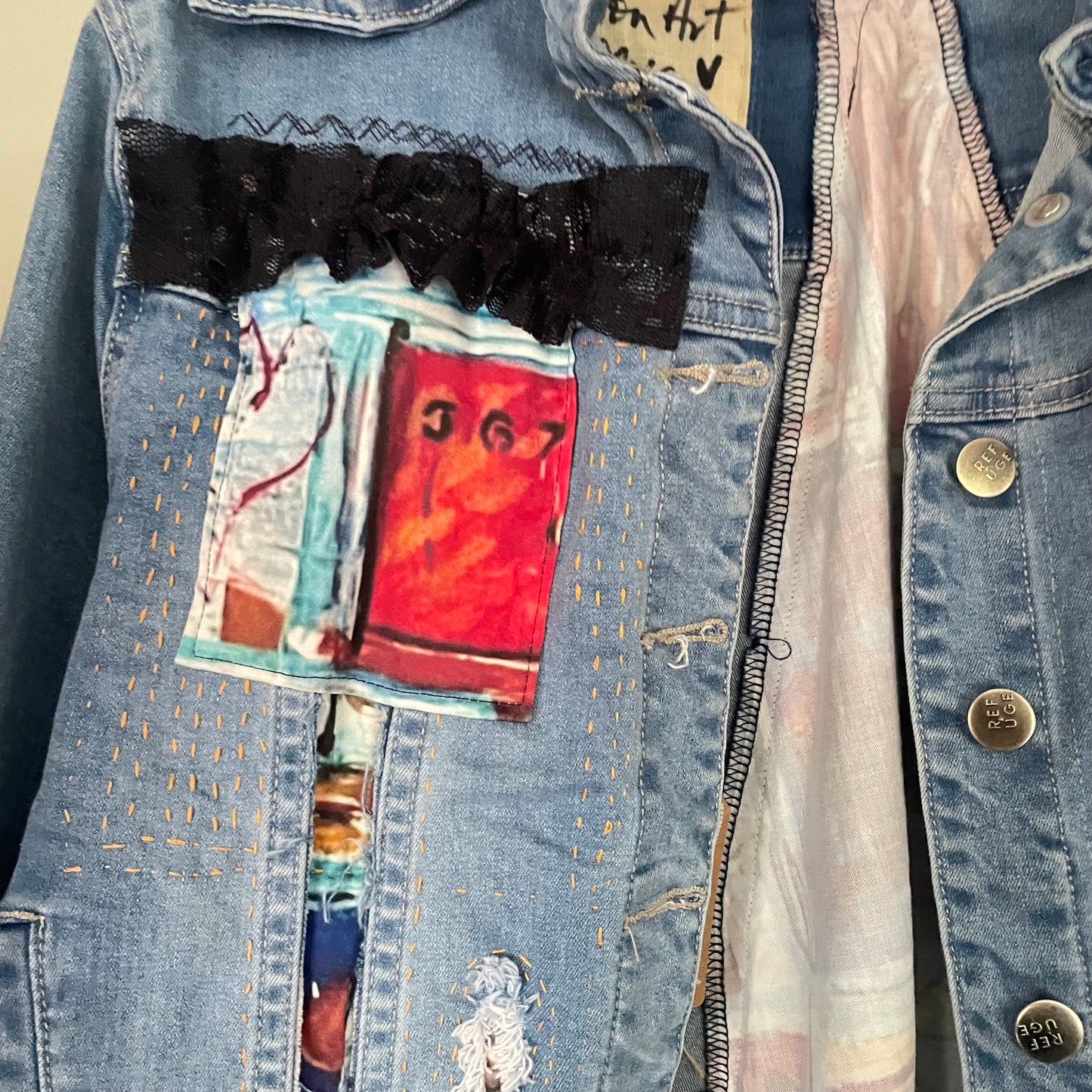 Upcycled Street Wear Style Denim Distressed Jacket with Hand Stitched Rustic Love Shabby Chic Frayed Upcycle.Sz L