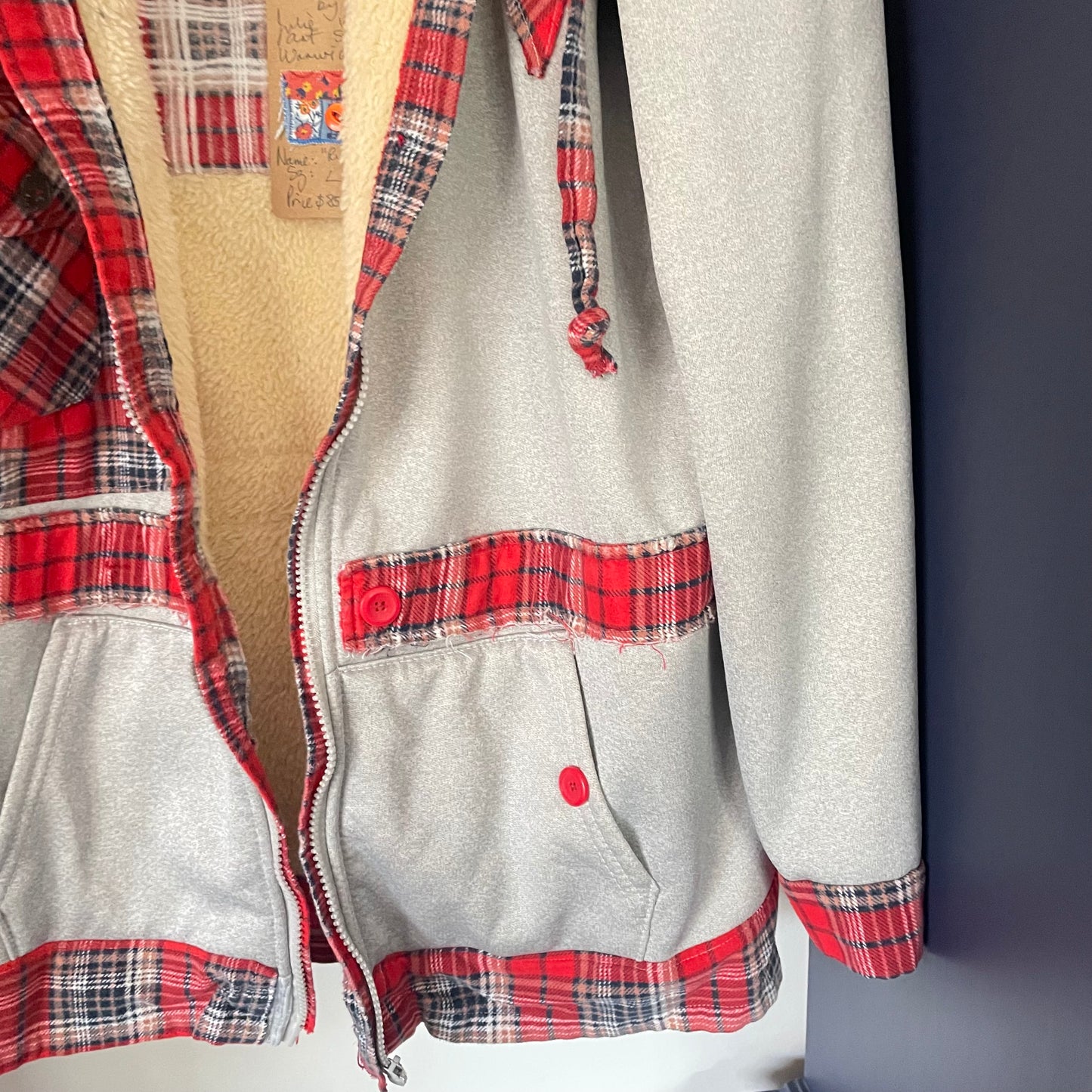 Upcycled Fleece Lined Grey Hoodie with Vintage Red Flannel Stars Patches Jacket Upcycle Sz L