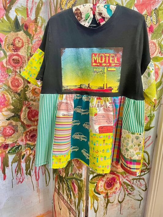 Upcycled Vintage Cars T Shirt Patchwork Smock Top Mini.