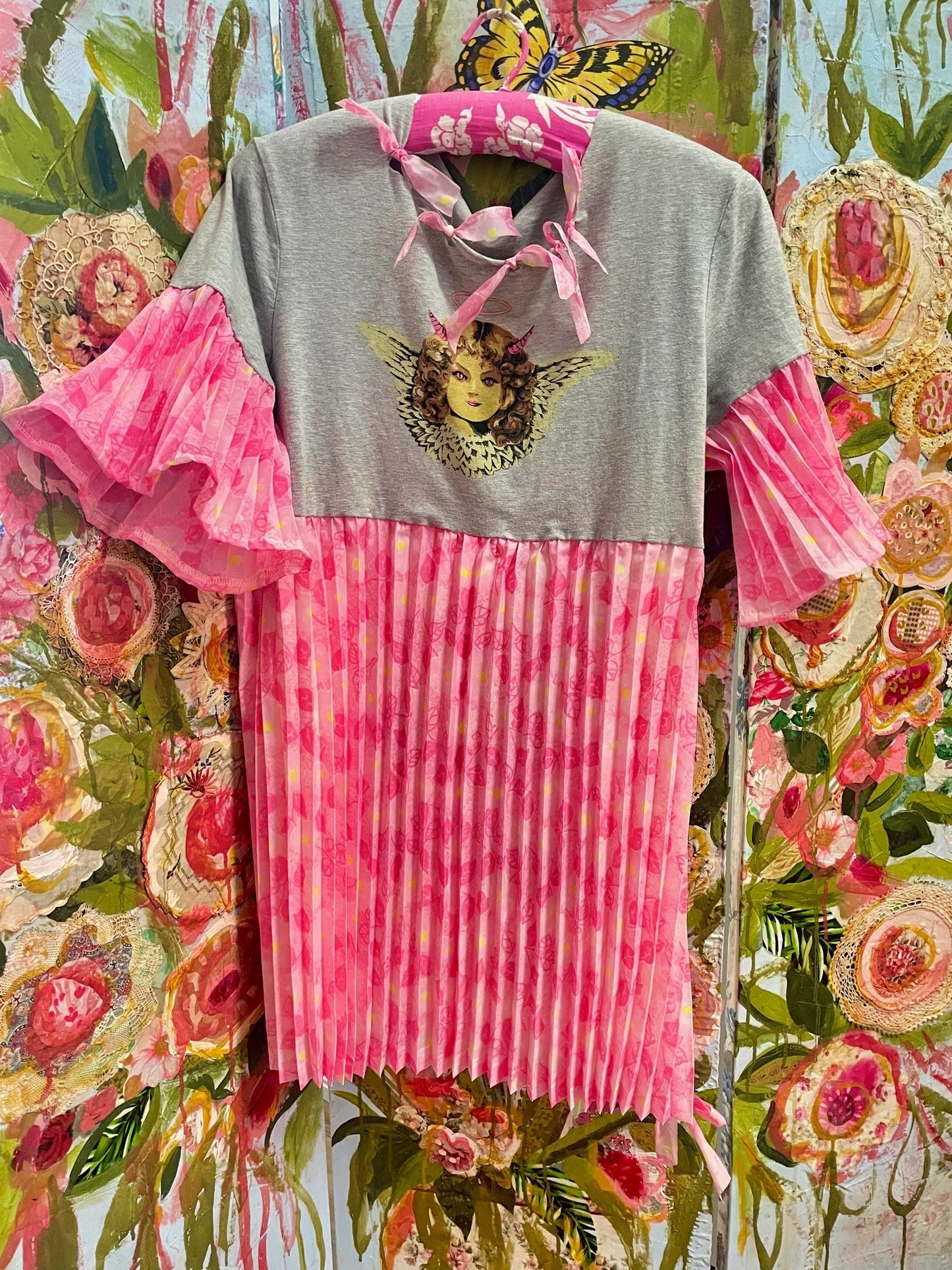Upcycled Angel Devil print T Shirt Smock Dress with Pink Pleats.