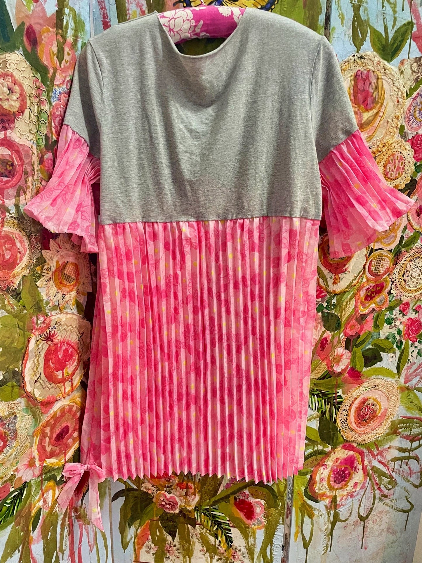 Upcycled Angel Devil print T Shirt Smock Dress with Pink Pleats.