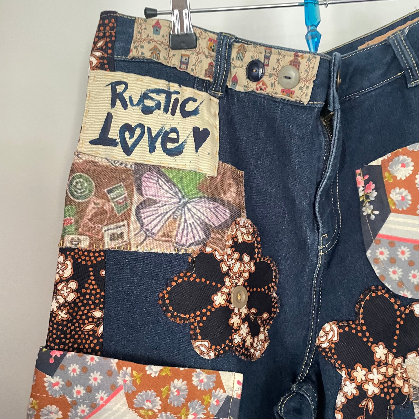 Upcycled Altered Rustic Love Vintage Retro Patch Buttons Hand Stitching Shabby Chic Frayed Distressed Stretch Denim Jeans Upcycle.           Sz 14/16