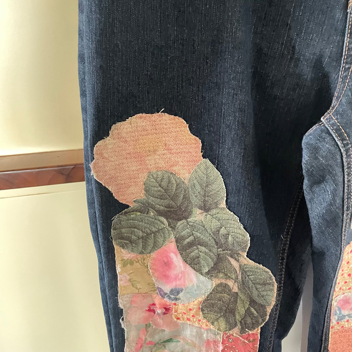 Upcycled Dark Denim Floral Patchwork Rustic Love Shabby Chic Frayed Adjustable Jeans Upcycle