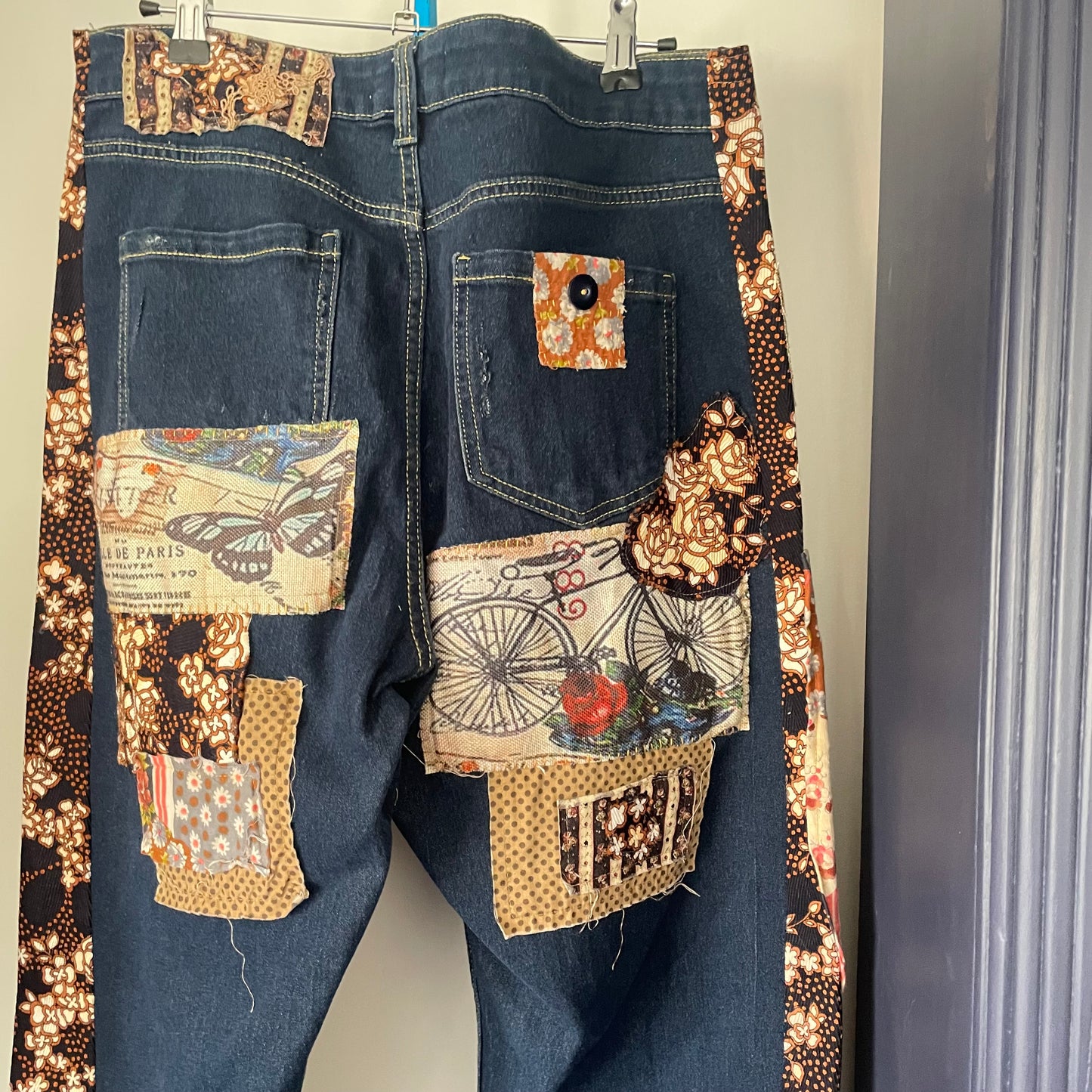 Upcycled Altered Rustic Love Vintage Retro Patch Buttons Hand Stitching Shabby Chic Frayed Distressed Stretch Denim Jeans Upcycle.           Sz 14/16