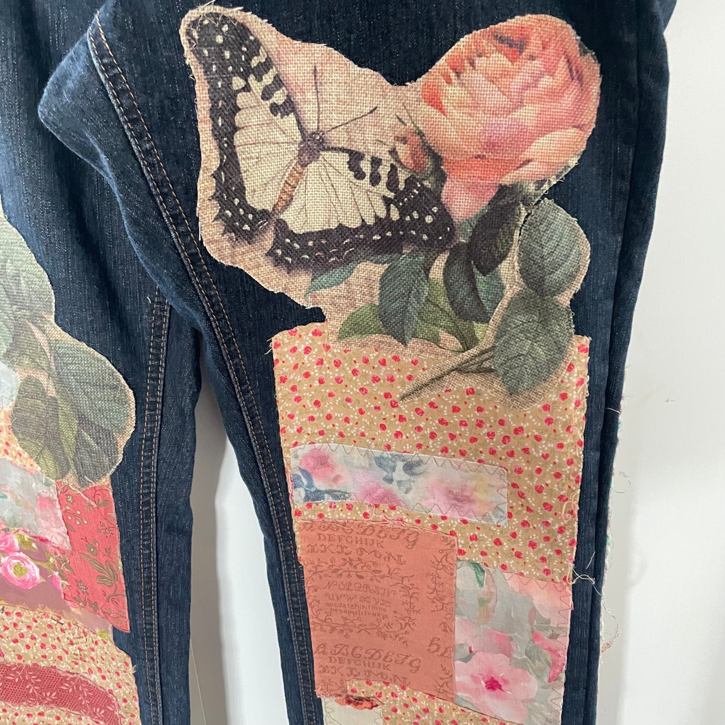 Upcycled Dark Denim Floral Patchwork Rustic Love Shabby Chic Frayed Adjustable Jeans Upcycle