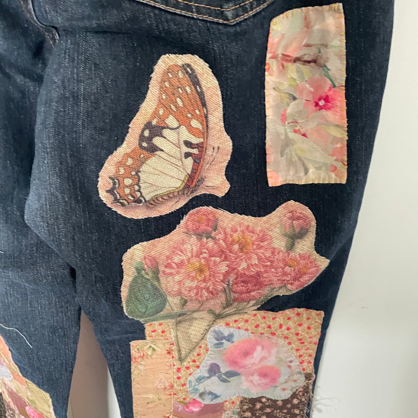 Upcycled Dark Denim Floral Patchwork Rustic Love Shabby Chic Frayed Adjustable Jeans Upcycle