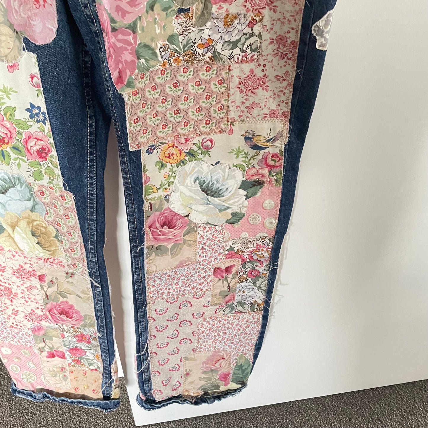 Upcycled Shabby Chic Rustic Love Frayed Patched Denim Jeans Upcycle Australian size approximately 12/14/16
