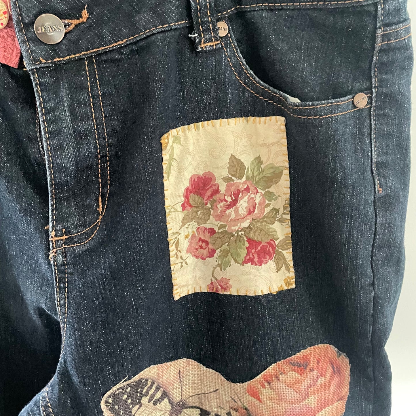 Upcycled Dark Denim Floral Patchwork Rustic Love Shabby Chic Frayed Adjustable Jeans Upcycle