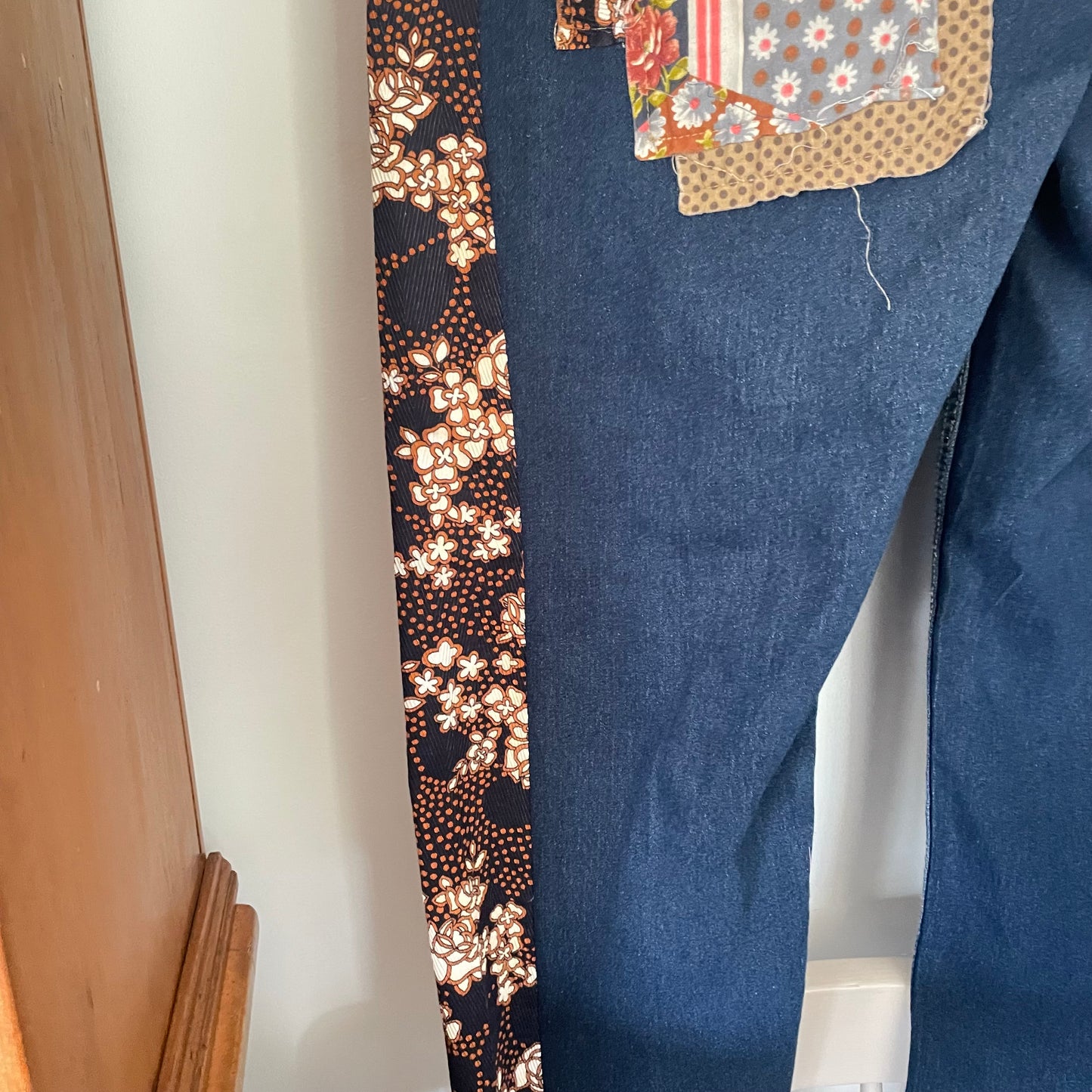 Upcycled Altered Rustic Love Vintage Retro Patch Buttons Hand Stitching Shabby Chic Frayed Distressed Stretch Denim Jeans Upcycle.           Sz 14/16