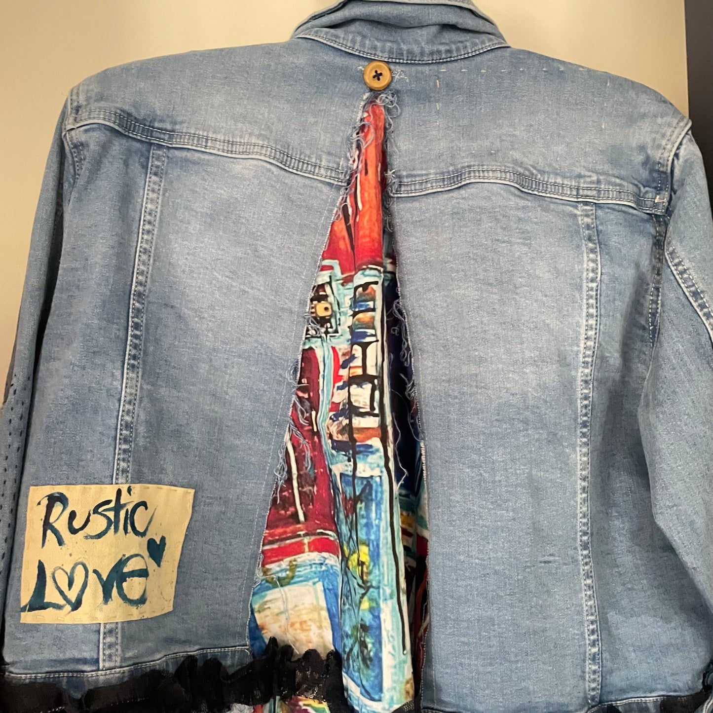 Upcycled Street Wear Style Denim Distressed Jacket with Hand Stitched Rustic Love Shabby Chic Frayed Upcycle.Sz L