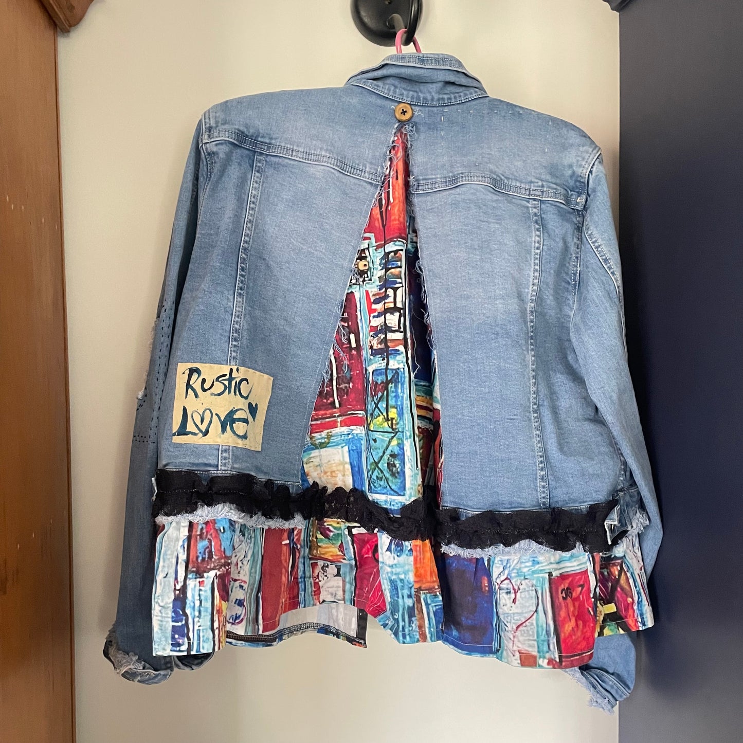 Upcycled Street Wear Style Denim Distressed Jacket with Hand Stitched Rustic Love Shabby Chic Frayed Upcycle.Sz L