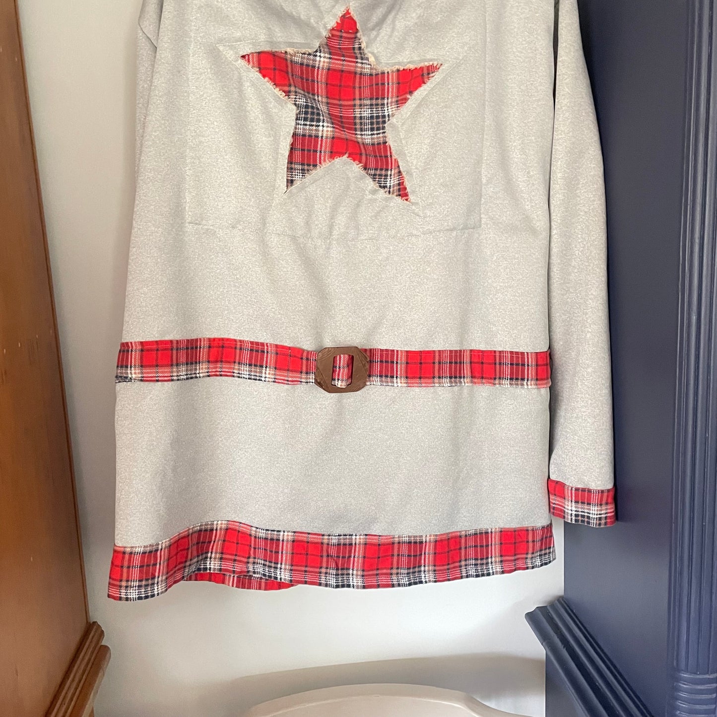Upcycled Fleece Lined Grey Hoodie with Vintage Red Flannel Stars Patches Jacket Upcycle Sz L