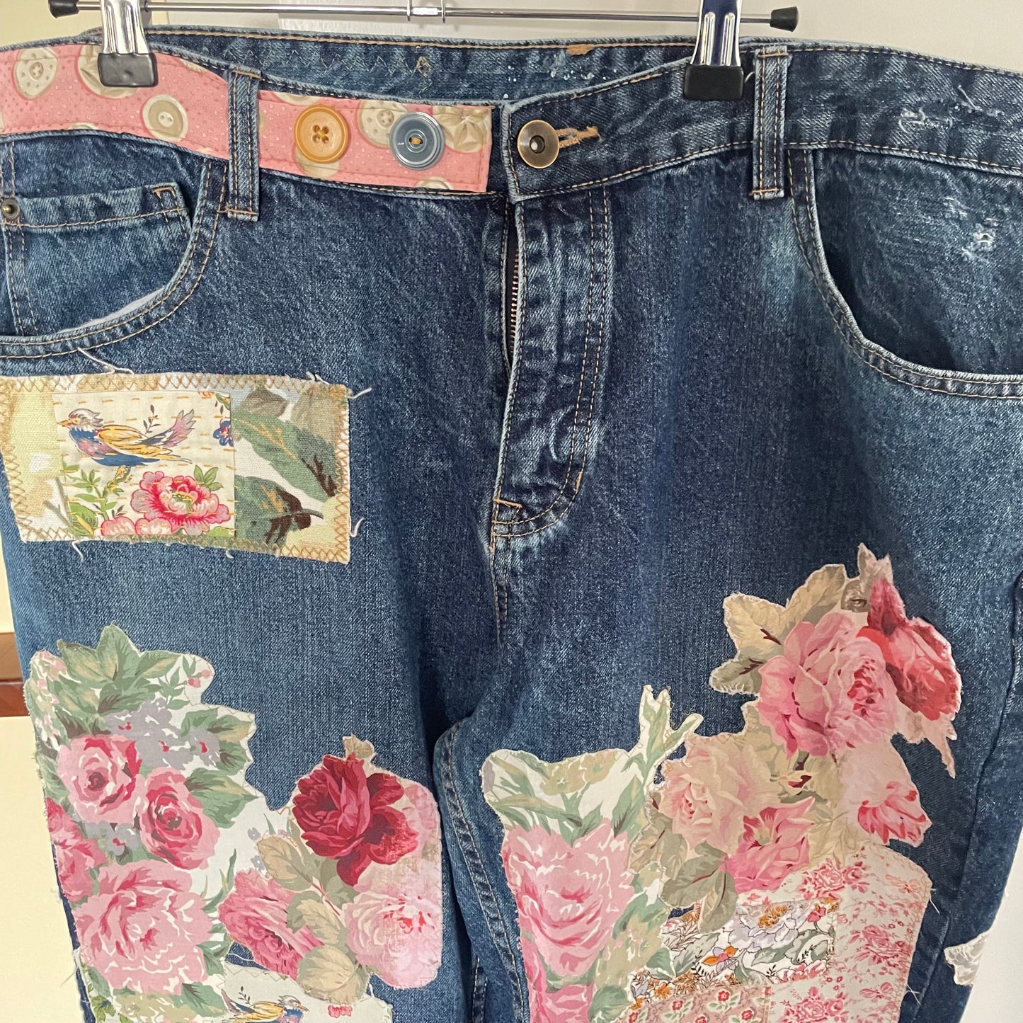 Upcycled Shabby Chic Rustic Love Frayed Patched Denim Jeans Upcycle Australian size approximately 12/14/16
