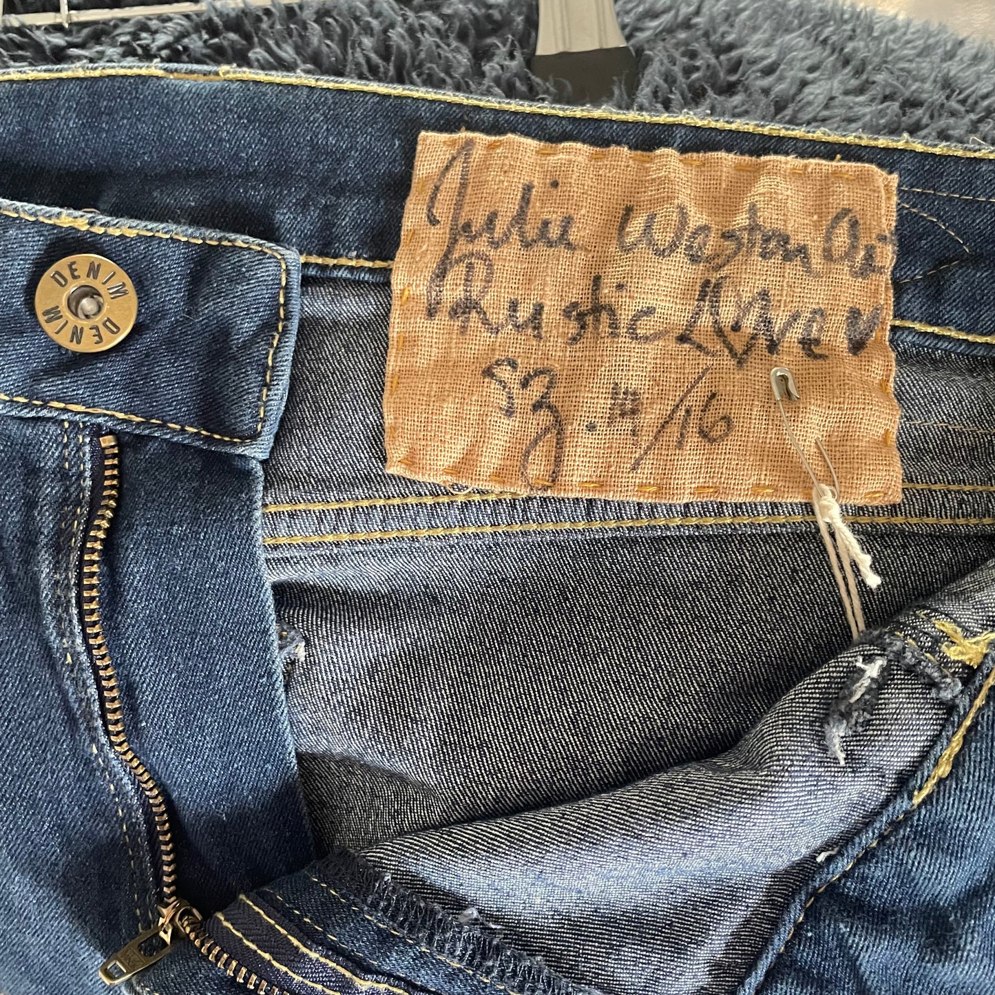 Upcycled Altered Rustic Love Vintage Retro Patch Buttons Hand Stitching Shabby Chic Frayed Distressed Stretch Denim Jeans Upcycle.           Sz 14/16