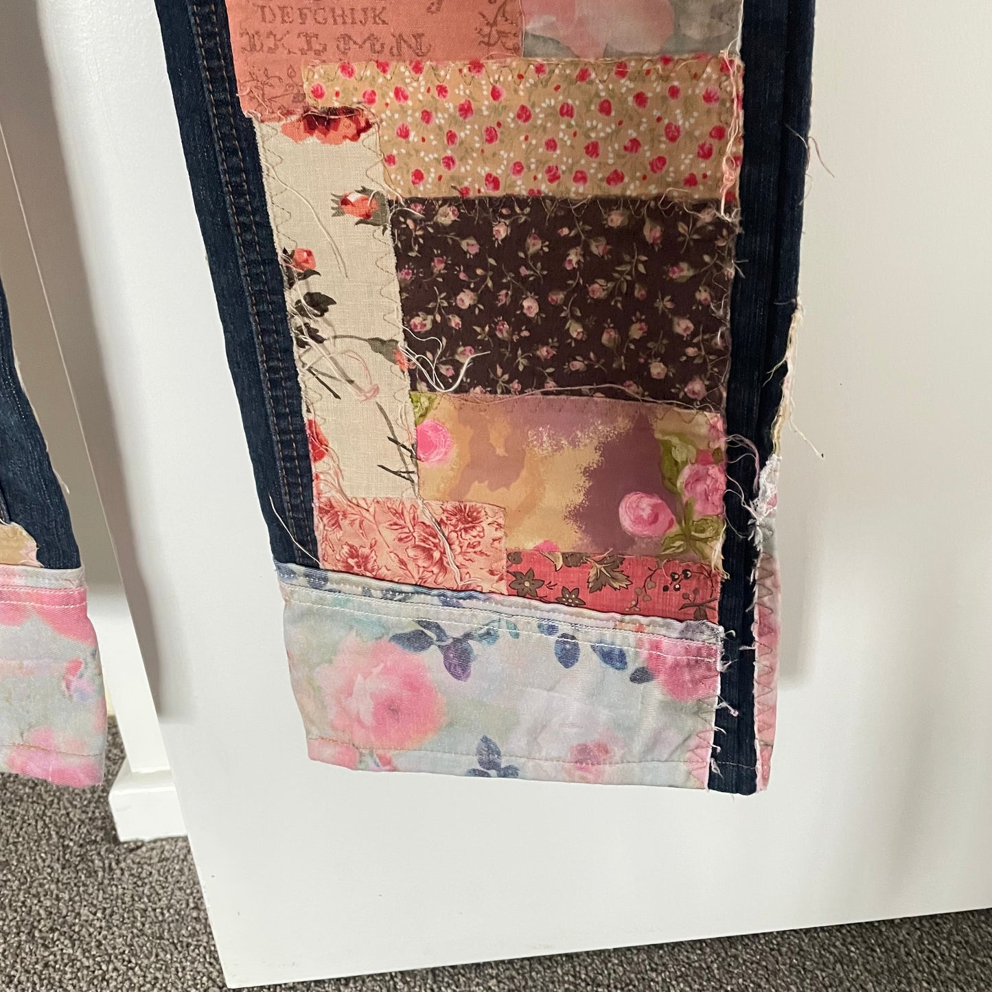 Upcycled Dark Denim Floral Patchwork Rustic Love Shabby Chic Frayed Adjustable Jeans Upcycle
