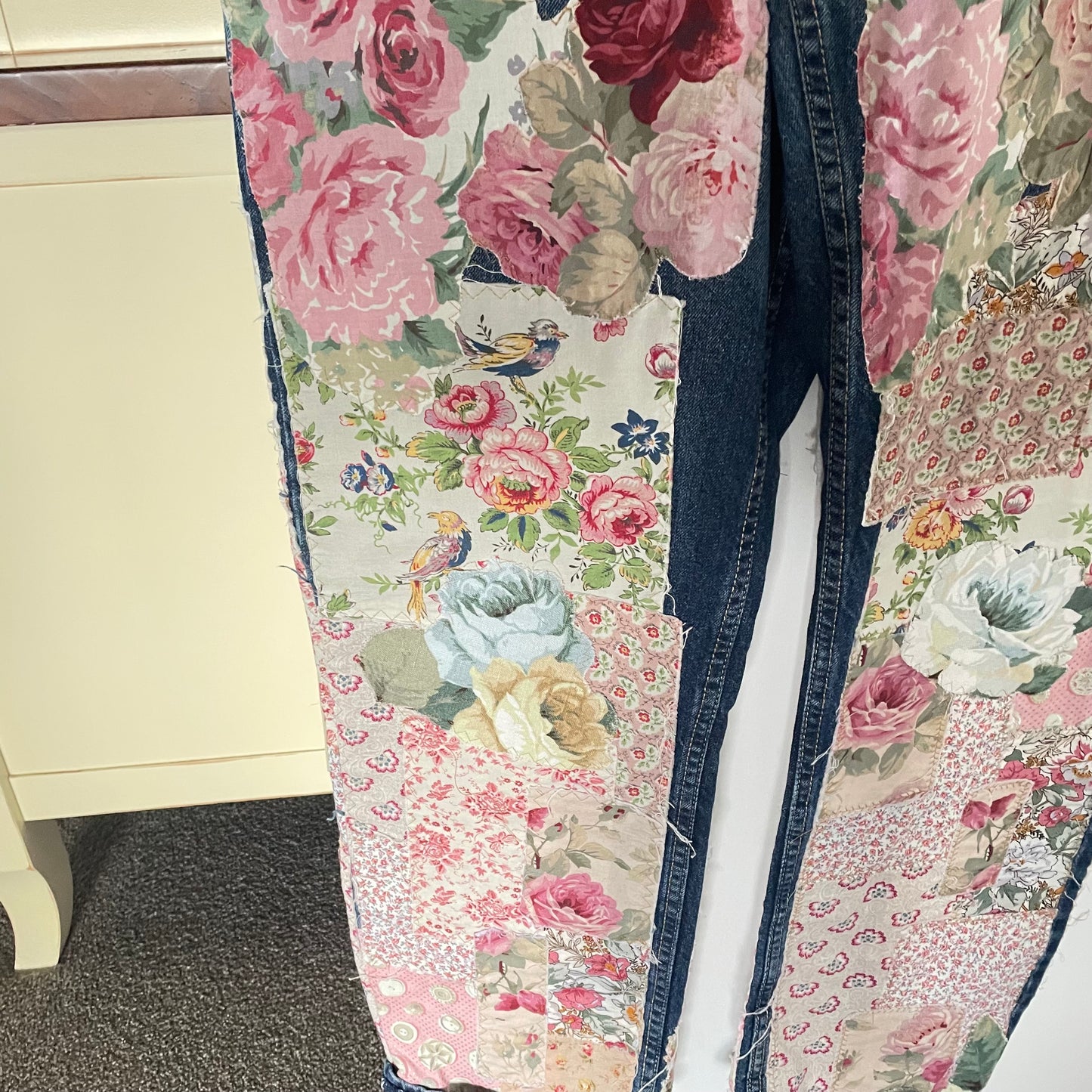 Upcycled Shabby Chic Rustic Love Frayed Patched Denim Jeans Upcycle Australian size approximately 12/14/16
