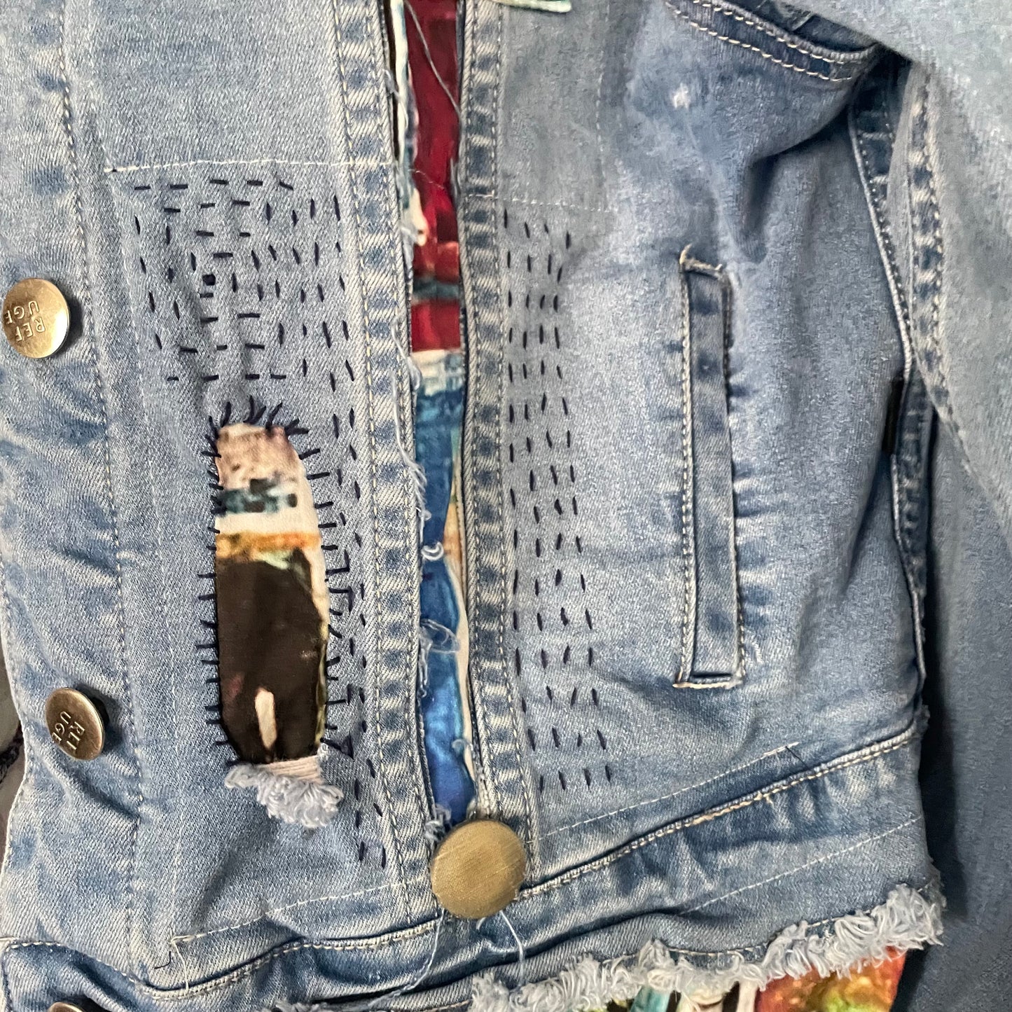 Upcycled Street Wear Style Denim Distressed Jacket with Hand Stitched Rustic Love Shabby Chic Frayed Upcycle.Sz L