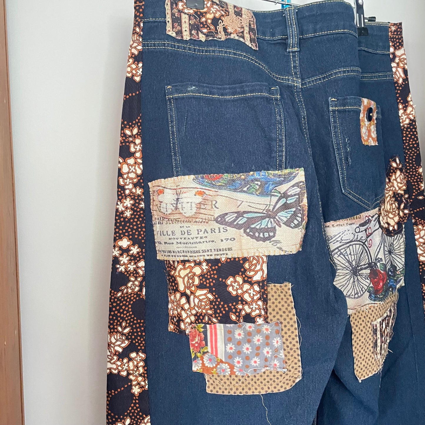 Upcycled Altered Rustic Love Vintage Retro Patch Buttons Hand Stitching Shabby Chic Frayed Distressed Stretch Denim Jeans Upcycle.           Sz 14/16