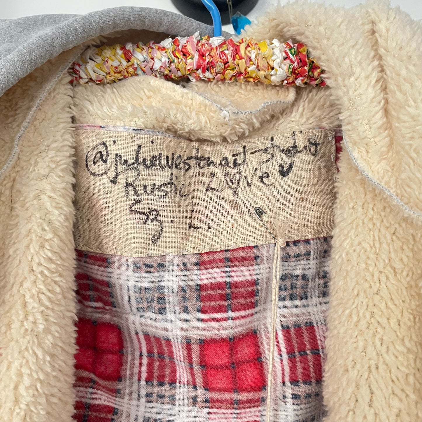 Upcycled Fleece Lined Grey Hoodie with Vintage Red Flannel Stars Patches Jacket Upcycle Sz L