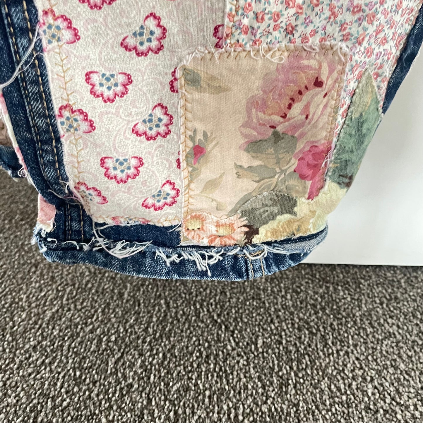 Upcycled Shabby Chic Rustic Love Frayed Patched Denim Jeans Upcycle Australian size approximately 12/14/16