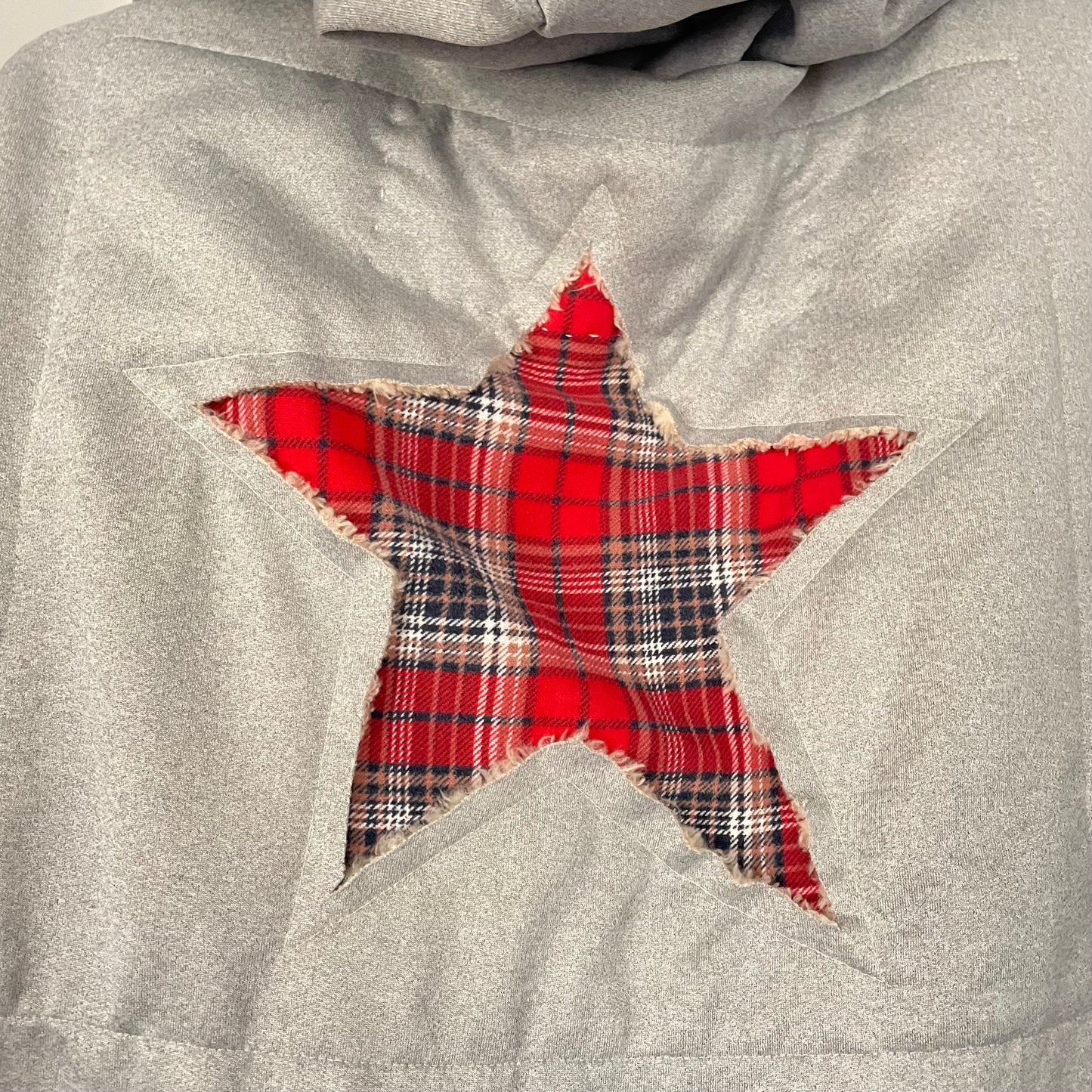 Upcycled Fleece Lined Grey Hoodie with Vintage Red Flannel Stars Patches Jacket Upcycle Sz L