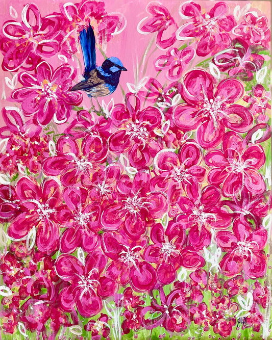 Blue Wren Pink Flowers